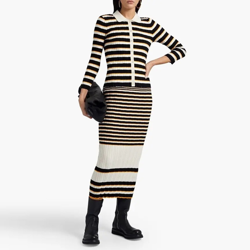 Theory - Striped Ribbed Cotton-blend Midi Skirt - Cream